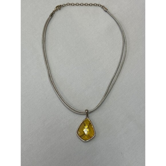 Yellow Glass Pendant Necklace With Silver Tone Trim Adjustable Cord - Picture 8 of 8